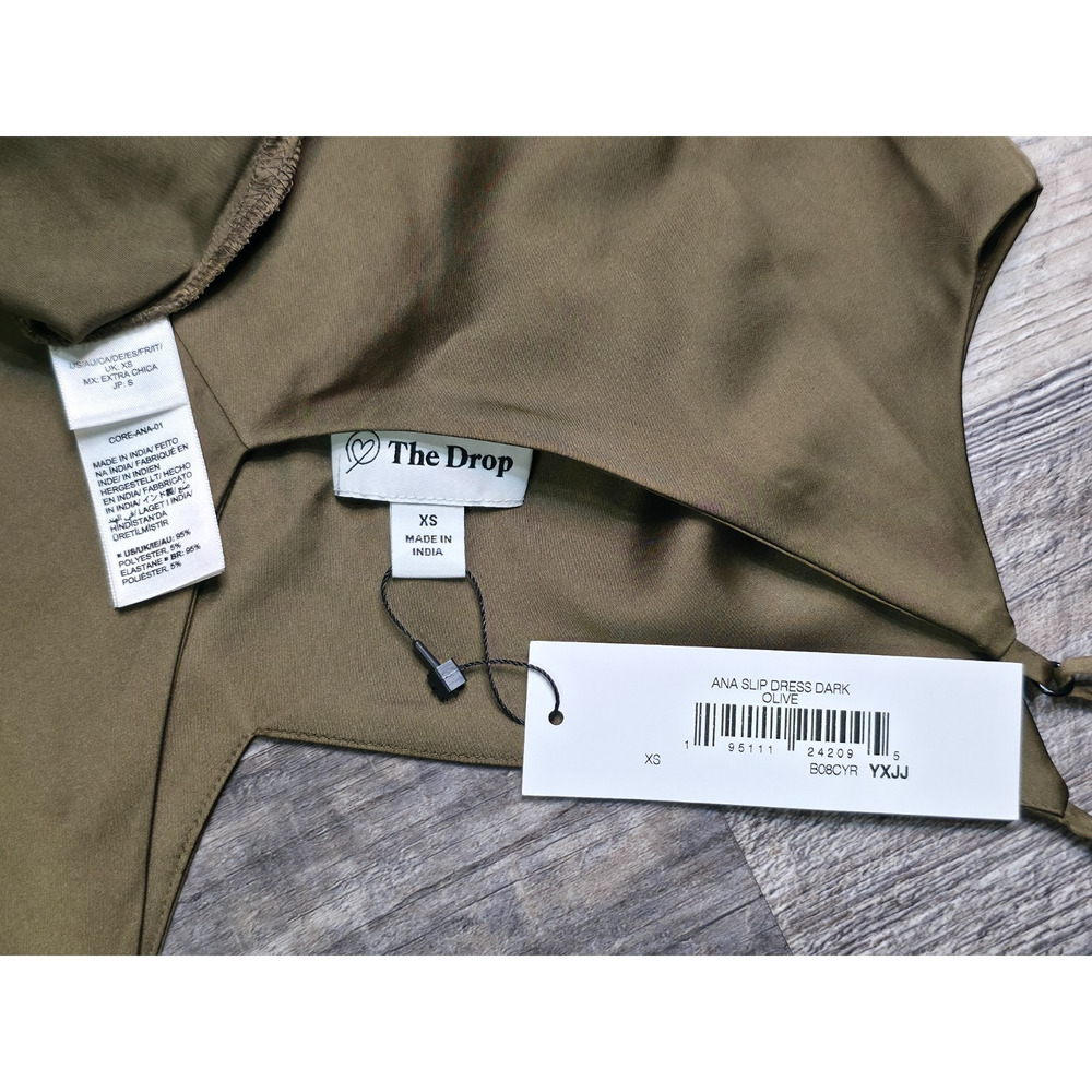 The Drop Ana Slip Dress Dark Olive Green Womens XS NWT V-Neck Side Slit Satin - Picture 10 of 10